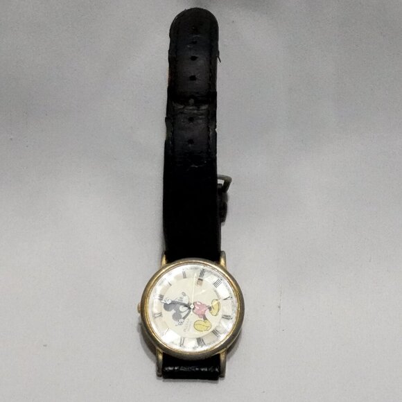 Vintage Disney Pulsar Mickey Mouse Mother of Pearl Watch Black Leather - Picture 1 of 12